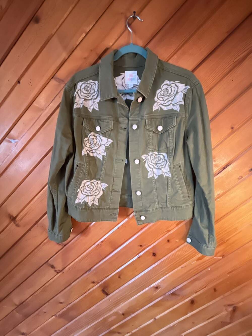 LuLaRoe Olive Green Denim Jacket with Floral Rose Embroidery
